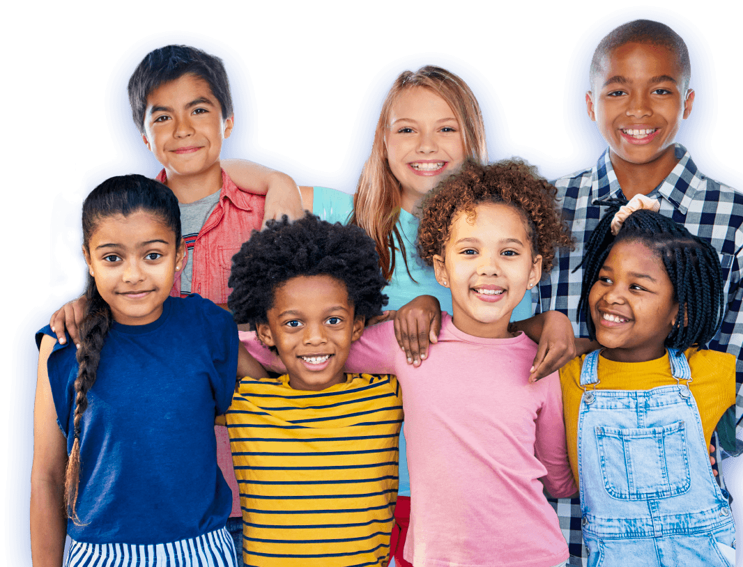 Seven children smiling together supported by Brighter Days evidence-based youth programs in Dallas TX